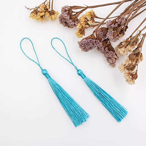 Image of VAPKER 100 Pieces Light Blue Color 13cm /5-Inch Silky Handmade Soft Tassels Floss Bookmark Tassels with 2-Inch Cord Loop for Jewelry Making, DIY Projects, Bookmarks