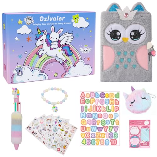 Dzlvaier Diario con cerradura para niñas, juego de diario para niñas, bonito diario con cerradura con accesorios, bonito cuaderno mullido con bolígrafo multicolor y bolso, búho gris