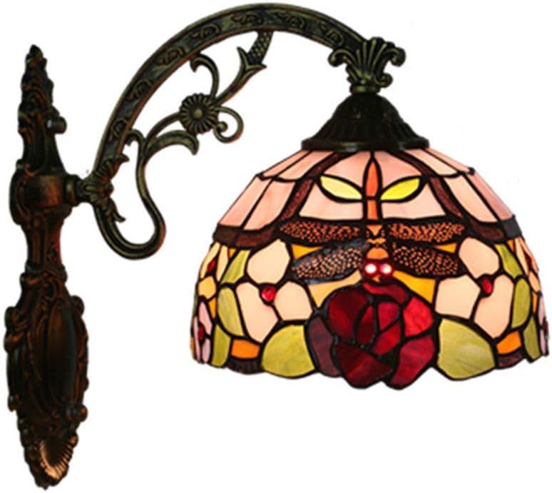 Tiffany Style Wall Lamp Creative Dragonfly Wall Lamps Handmade Stained Glass Wall Light Retro Wrought Iron Light Minimalist Glass Lampshade Wall Lights Bedroom Living Room Cafe Sconce [Energy Class A]