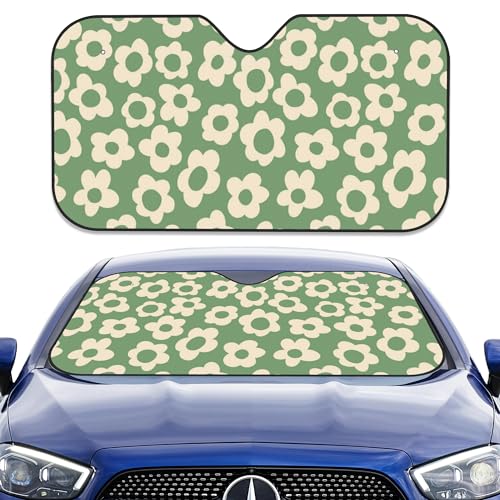 Uiaoiais Car Sun Shade Windshield, Groovy Flowers Foldable Sunshade for Windshield, Green Flowers Silhouettes Sunshade Sun Heat UV Rays Visor Protector, 56 x 28 Inch