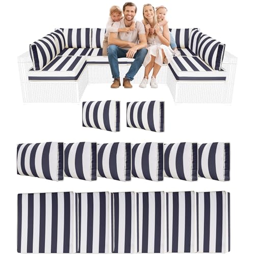 14 Piece Outdoor Sectional Cushions, Water-Resistant Outdoor Sofa Cushions Replacement, 4" High Density Foam Patio Furniture Cushions Fits 6-seat Rattan Conversation Set (Navy Blue White Stripes) by YQNUCO - Used condition - US$237.59