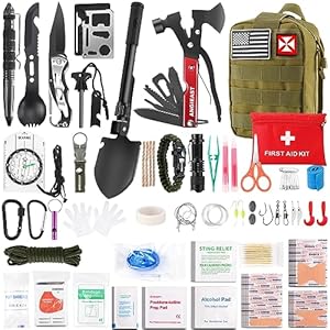 Survival Kit 256 in 1, First Aid Kit Survival Gear Tools Trauma Kit with Molle Pouch for Outdoor, Camping, Hunting, Hiking, Earthquake, Home, Office, Gifts for Men Dad Husband Women (Green)
