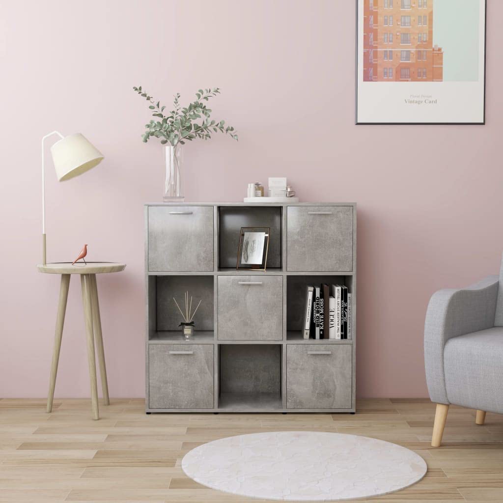 Fengshui Regał na książki, szary betonowy, 90 x 30 x 90 cm, z materiału drewnopochodnego, 9 półek, regał na książki z drzwiami, 5 półek na książki i dekoracje, łatwy w utrzymaniu i stabilny