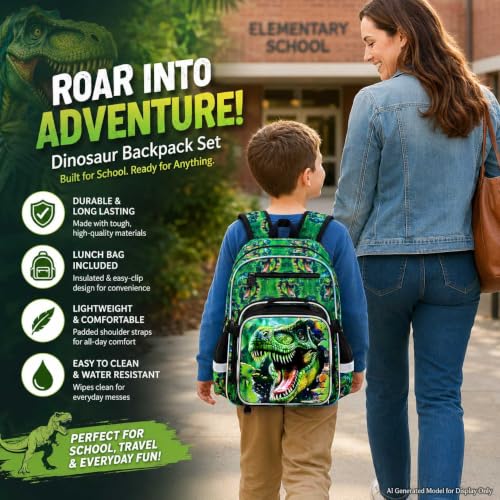 Image of 3Pcs Dinosaur Backpack for Boys, 16 inch Kids Bookbag for Elementary Preschool Kindergarten, School Backpacks with Lunch Box (Green)