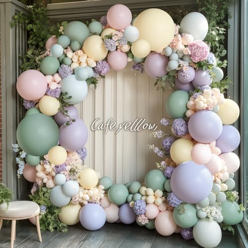 Image of Dusty Green Pink Purple Balloons Arch Kit, Double Stuffed Pastel Balloons Dusty Pink Mist Green Ivory Lavender Balloon for Birthday Boho Garden Party Wedding Wildflower Flower Butterfly Decorations
