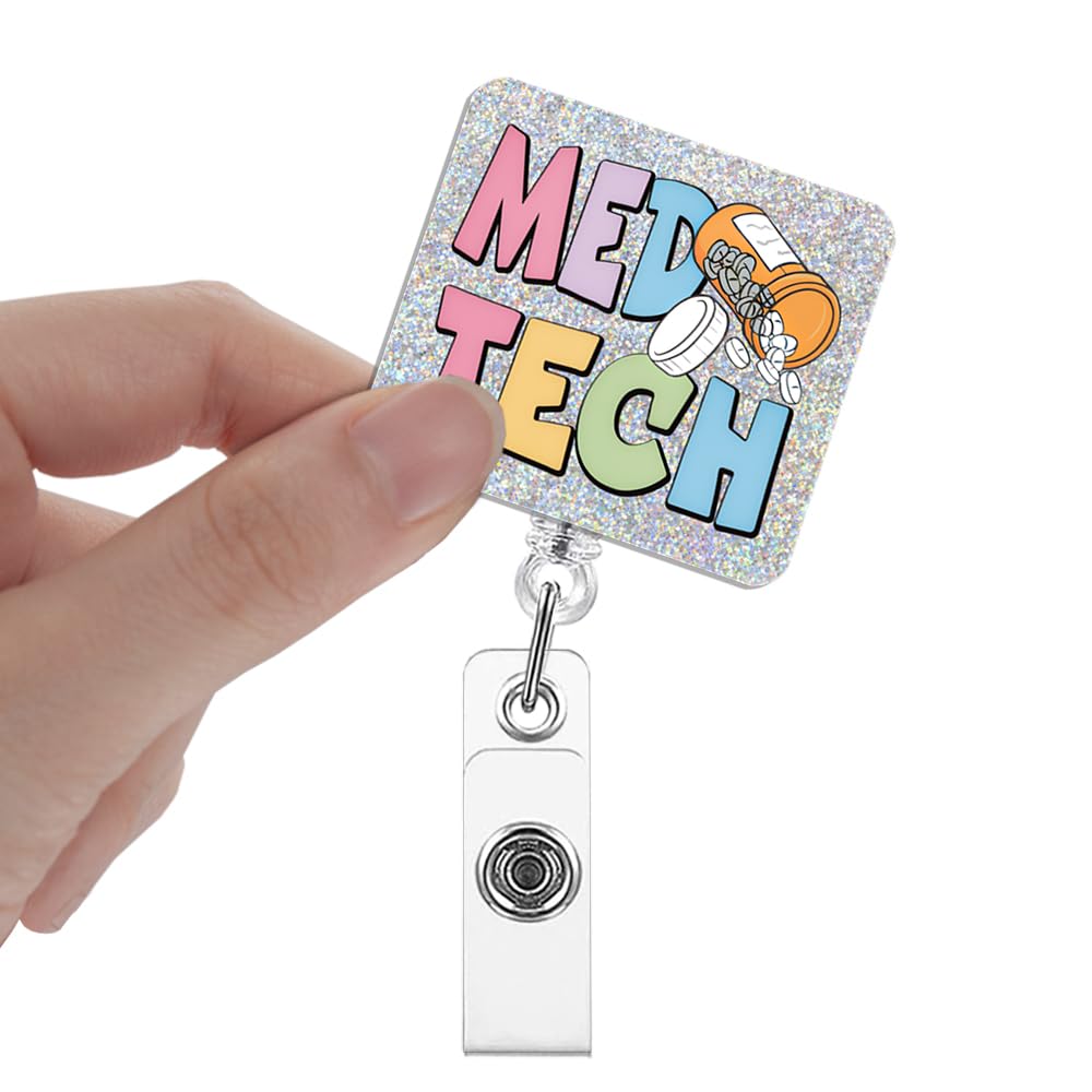 Med Tech Badge Reels Retractable Glitter with Clip, Funny Badge Holder Gift for Nurse Medical Technician Pharmacy Tech Laboratory Specialist Nursing Assistant Healthcare, Medical Tech Gift