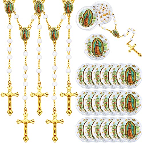 Jadive 100 Pcs Scented Rosary Beads Necklace with Gift Box Lady Guadalupe Wooden Rosary Beads Bulk with Crucifix for Women Men First Communion Baptism Favors Catholic Gifts(White Gold)