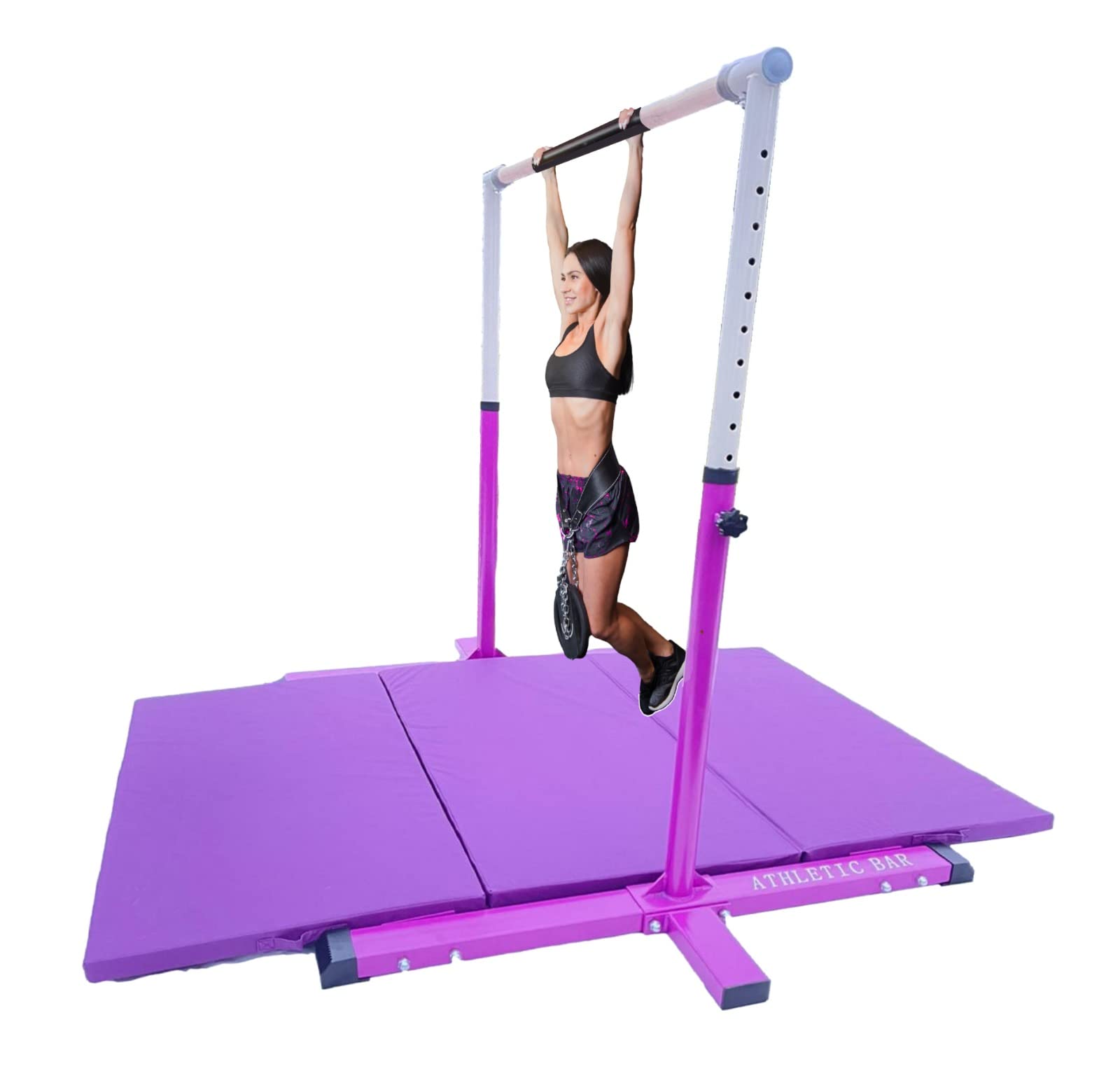 XDance Expandable Gymnastics Bar Kip Bar with 6'x4' Tumble Gymnastics Mat Set for Kids, Adjustable Height 3 to 5 FT Horizontal Bar Professional Junior Gymnast Gymnastic Bar Asymmetric Bar Purple