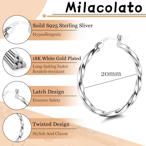 Milacolato 925 Sterling Silver Hoop Earrings for Women 18K White Gold Plated Twisted Hoop Earrings Hypoallergenic Lightweight Click-Top Big Hoop Earrings 13/15/20/25/30/40/50/60mm2