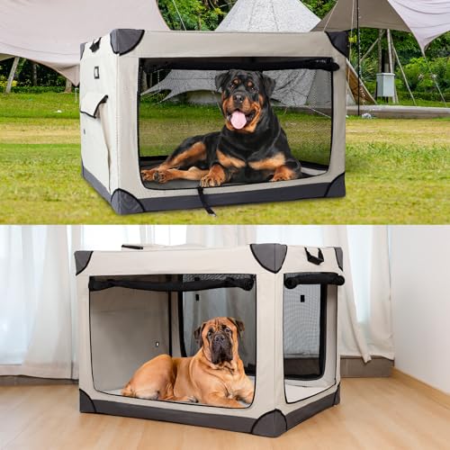 42-Inch-Foldable-Dog-Crate-Portable-Puppy-Travel-Crate-Kennel-for-Large-Dog-4-Door-Pet-Crate-with-Mesh-Windows-Indoor-Outdoor 42 Inch Foldable Dog Crate Portable Puppy Travel Crate Kennel for Large Dog 4 Door Pet Crate with Mesh Windows Indoor Outdoor