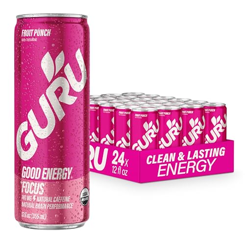 Image of GURU Energy Drink, Fruit Punch Organic Sparkling Energy Drink with Real Fruit Juice + L Theanine, 140 MG Natural Caffeine for Workouts, Performance & Midday Boost, Plant Based, Gluten Free, 12 Fl Oz, 24 Pack