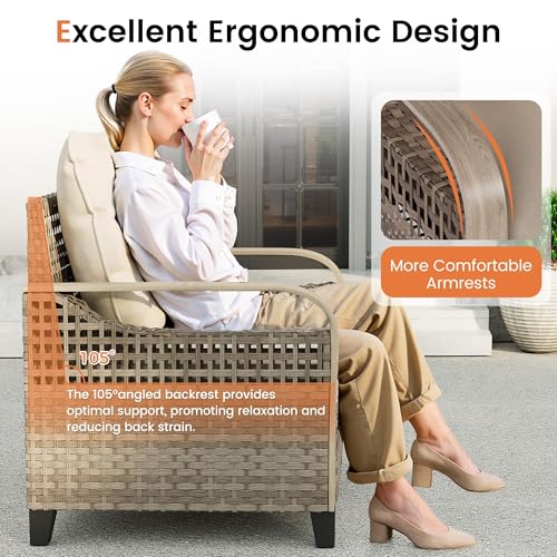 Image of UDPATIO Outdoor Patio Sofa 3-Seat PE Wicker Couch, All-Weather Rattan Furniture with Deep-Seating Water-Resistant Cushions, Non-Slip & Thick Patio Sofa Set for Garden /Porch /Backyard (Beige)
