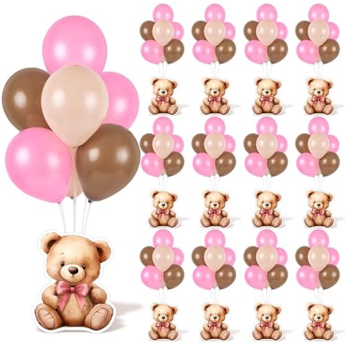 12 Sets Pink Bear Baby Shower Balloon Stand Kit for Table Baby Shower with Balloon Ornament for Pink Bear Theme Gender Reveal Birthday Party Table Decoration Supplies