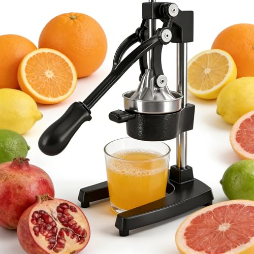 Commercial Grade Manual Citrus Juicer Heavy Duty Cast Iron Hand Press Professional Lemon Squeezer & Fruit Juicer with Stainless Steel Strainer for Pomegranate Orange Lime Black