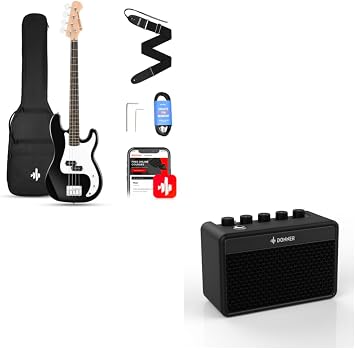 Donner Electric Bass Guitar 4 Strings Full-Size Standard Bass PB-Style Beginner Kit Sunburst and Donner Mini Guitar Amp Small Electric Amplifier 5W Portable