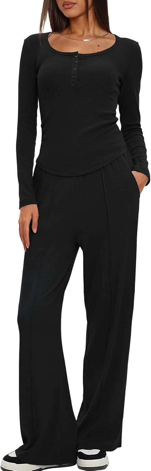 Darong Womens 2 Piece Matching Lounge Sets 2025 Fall Long Sleeve Henley Shirts Wide Leg Pants Airport Travel Outfits