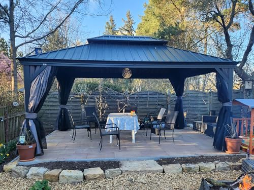 PURPLE LEAF 3.65 x 4.85m Large Hardtop Gazebo with Galvanised Steel Double Roof, Permanent Aluminium Garden Gazebo with Curtains & Netting for Patio, Lawn or Deck, Grey