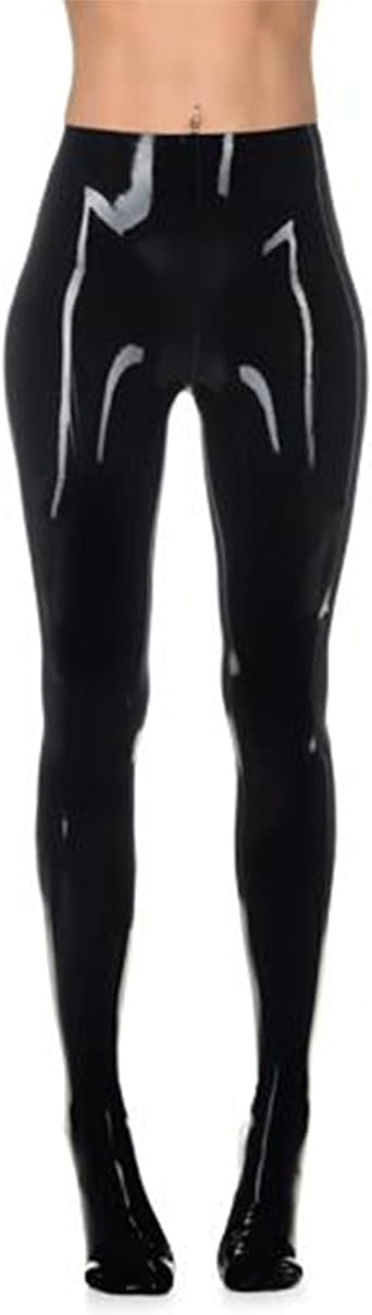 Women Black Latex Pants with Socks without Zipper Tight Slim Mid Waist Trousers Leggings