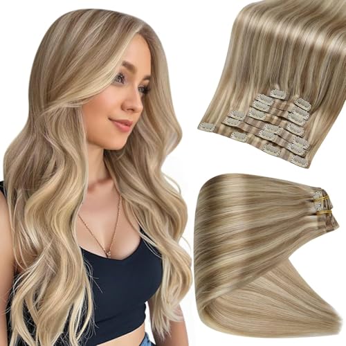 Image of Full Shine Clip in Hair Extensions Human Hair Dark Blonde Mix Light Blonde Seamless Hair Extension Clip ins PU Weft for Women 20 Inch 8 Pcs 120g