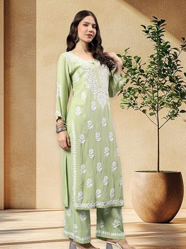 Image of Seva Chikan Hand Embroidered Lucknowi Chikankari Rayon Kurta and Palazzo Set SCL8037