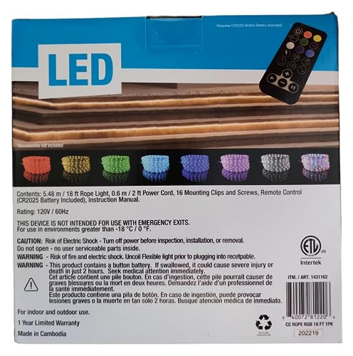 LED Color Changing 18ft 180 LEDs 8 Color Settings Rope Light w/Remote1