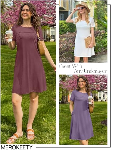 Image of MEROKEETY Women's Summer Short Lace Sleeve T Shirt Dress Casual Crew Neck Pleated Front Shift Dresses