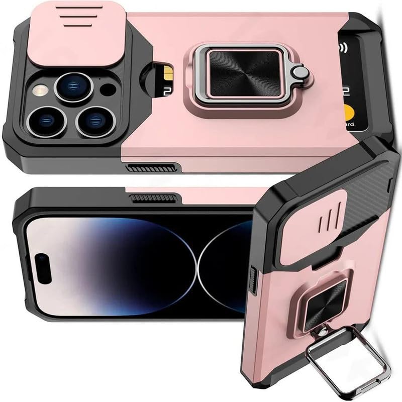 Image of LuxuryKase Shockproof Armor Case for iPhone 15 Pro Max | Slide Camera Cover | Hidden Card Slot | Rotating Ring Kickstand | Magnetic Car Mount Support | Military Grade Protection - Rose Gold