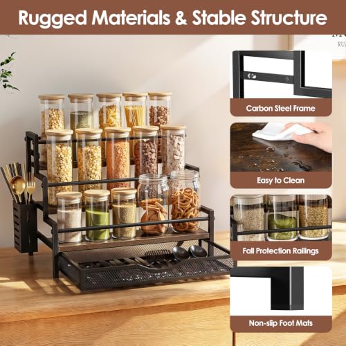 Image of Water Bottle Organizer for Full 40 oz Stanley with Handle, Black | 3 Tier Stanley Cup Organizer, 12 Bottles Capacity, Rustic Countertop Display Shelf, For Coffee Bar, Cabinet, Countertop