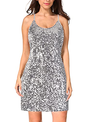 Maner women's glitter sequin dress adjustable spaghetti strap spa…