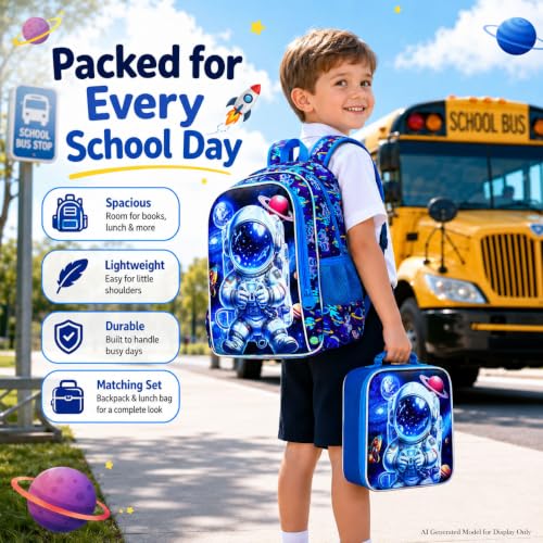 Image of 3Pcs Space Backpack for School, Boys Astronaut Bookbag with Lunch Box, 16 inch Kids Backpacks for Elementary Preschool Kindergarten (Blue)