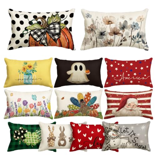 AVOIN colorlife Set of 12 Seasonal Holiday 4th of July Throw Pillow Covers 12 x 20 Inch Star Memorial Day Poppy Flowers Chinoiserie Spring Summer Fall Winter Christmas Cushion Case Decoration