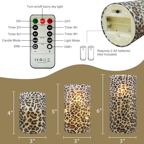 Image of Flickering Flameless Candles, Recessed String Light LED Candles 3D Wick Acrylic Battery Operated LED Pillar Candles with Remote and Timer for Modern Simple Home Decor Set of 3(Leopard)