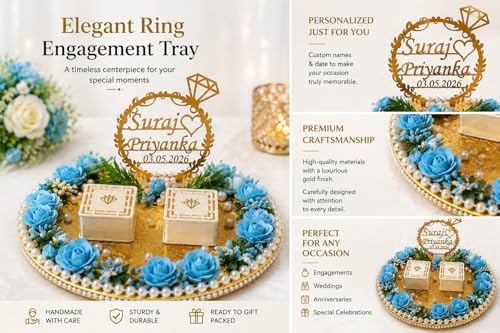Image of Engagement Ring Platter, Ring Platter for Ring Ceremony,10x10x8 inch, 2 Ring Boxes, Pink Theme, Artificial Flowers - Customised (Sky Blue)