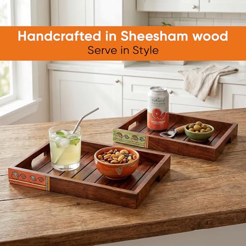 Image of AAKRITI ART CREATIONS Trays with Floral Art Handcrafted in Rosewood Set of 2 | Natural Brown Wooden Trays & Platters with Handle | Matte Finish Home | Trays for Dining Table & Kitchen Organizer