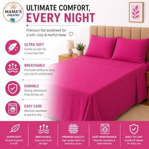 Image of Double Size Bed Sheet - 600 Thread Count Single Flat Sheet Only - Long Staple Egyptian Cotton Top Sheet Wrinkle & Fade Resistant - Hot Pink