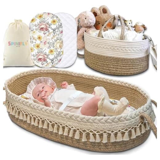 Baby Changing Basket Set w. Diaper Caddy Organizer Macrame Boho Moses Basket for Babies, Handmade 100% Cotton Rope, Woven Portable Nursery Decor Waterproof Pad & Floral Pad