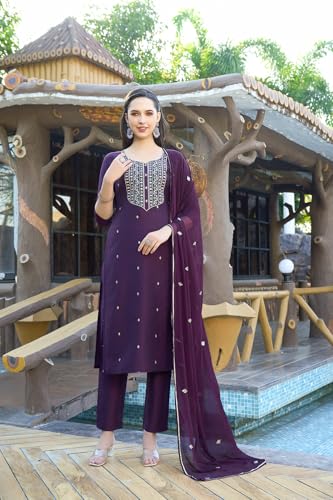 Image of GoSriKi Women's Cotton Blend Embroidered Kurta Set with Pant & Dupatta - Straight Calf‑Length, 3 /4 Sleeve, Round Neck - Elegant Ethnic Attire (5 Colors, S-5XL)