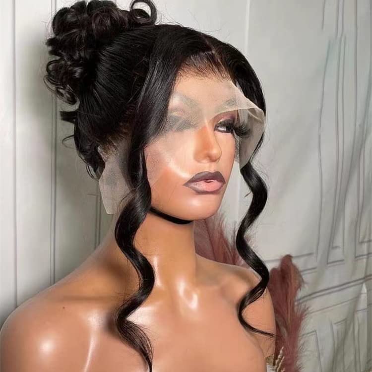 ELENINE Pelucas de encaje transparente 360 para mujeres negras, cabello humano ondulado 360, encaje frontal completo, sin pegamento, densidad del