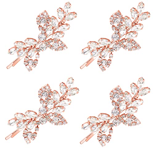 4 Pieces Leaf Pearl Crystal Hair Clips Elegant Bridal Hairpins and Barrettes for Women Girls (Rose Gold Rhinestone Style)