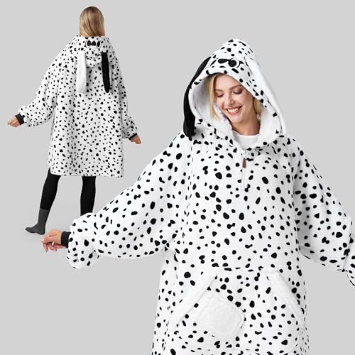 Image of Giggling Getup Wearable Blanket Hoodie for Women and Men Sherpa Fleece Hooded Blanket Sweatshirt Warm Cozy Sherpa Wearable Throw Oversized Hoodie with Giant Pocket & Sleeves for Adult Dalmatian