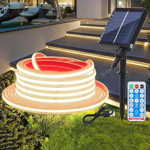 XUNATA 12V Solar COB LED Strip, 16.4ft 320LEDs/m Super Bright Natural White COB LED Strip, 8 Modes Outdoor Light Strip, IP68 Tape Lights Self-Adhesive, Cuttable FCOB LED Band for Courtyard, Christmas