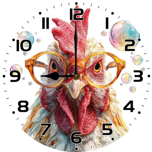 Geroclonup Funny Rooster Wall Clock Battery Operated 25cm Chicken Clock for Bathroom Bedroom Living Room Funny Round Analog Non-Ticking Wall Clocks Silent
