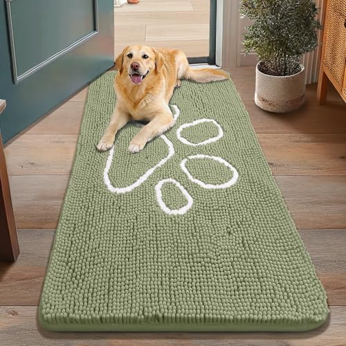 Image of Smiry Dog Door Mat for Muddy Paws, Absorbent Dirt Trapper Non Slip Quick Dry Washable Chenille Mat for Mud Dogs, Entry Rug for Indoor and Outdoor (48x30 Inches, Sage Green and White)