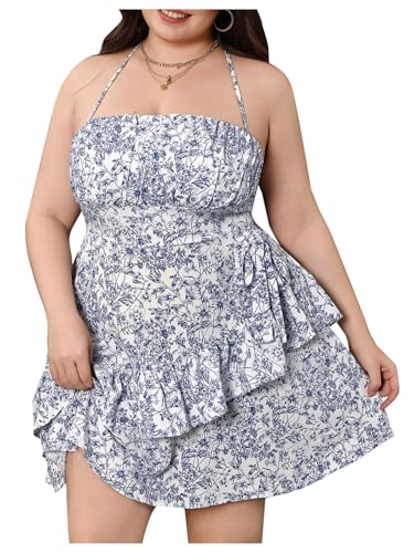 Image of Floerns Women's Plus Size Ditsy Floral Print Halter Neck Summer Cami Mini Dress Blue and White 1XL