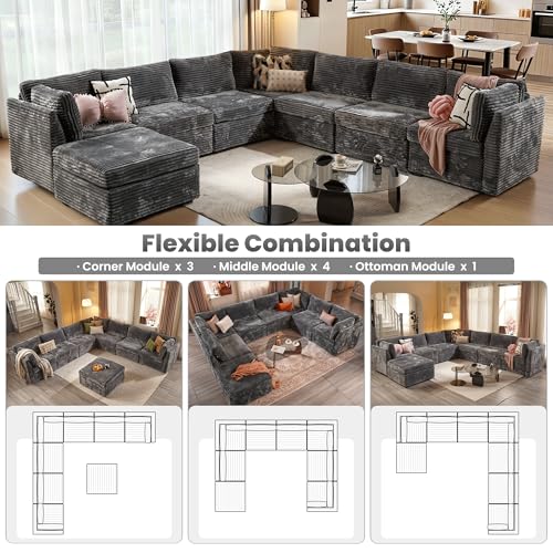Image of ovios Modular Sectional Sofa Couch with V-Shape Chaise Ottoman, Comfy Plush Corduroy Cloud Couches, Modern Luxury Deep Seat Sofas Set for Living Room, 8-Seater, Grey