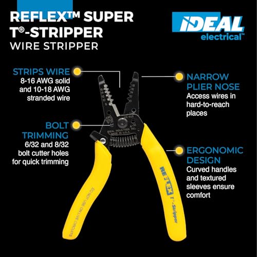 Image of IDEAL Electrical Reflex Super T-Stripper Wire Strippers, 8-16 AWG Solid, 10-18 AWG Stranded, Ergonomic Wire Cutter and Stripping Tool with Textured Sleeves, Locking Handle (Pack of 3)
