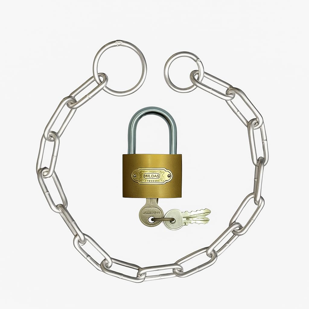 1.5 Feet Heavy-Duty Stainless Steel Lock Chain (Silver) with 50mm Brass Padlock (Gold) & 3 Keys – Strong Security Combo for Gates, Doors, Bikes, Luggage, Shutters, Fences & More