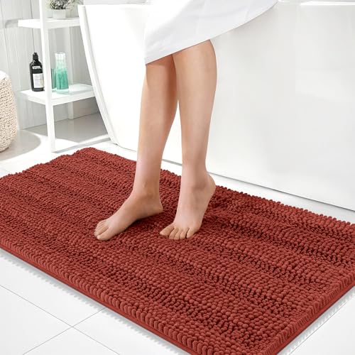 Image of OLANLY Thick Bathroom Runner Rugs 44x24, Absorbent Chenille Striped Bath Rugs, Rubber Backing, Machine Wash, Long Bath Mats for Bathroom, Tub and Shower, Home Decor Accessories, Rustic Terracotta