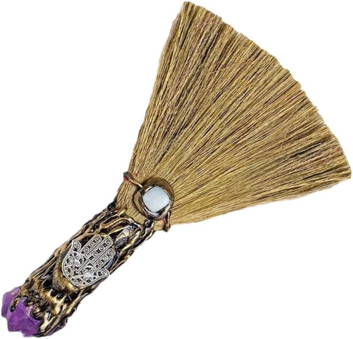 Ipetboom Amethyst Mini Witch Broom 6.3 Inch Halloween Broomstick Prop Portable Synthetic Cleaning Tool with Natural Crystal Decoration for Party Cosplay Home Office Car