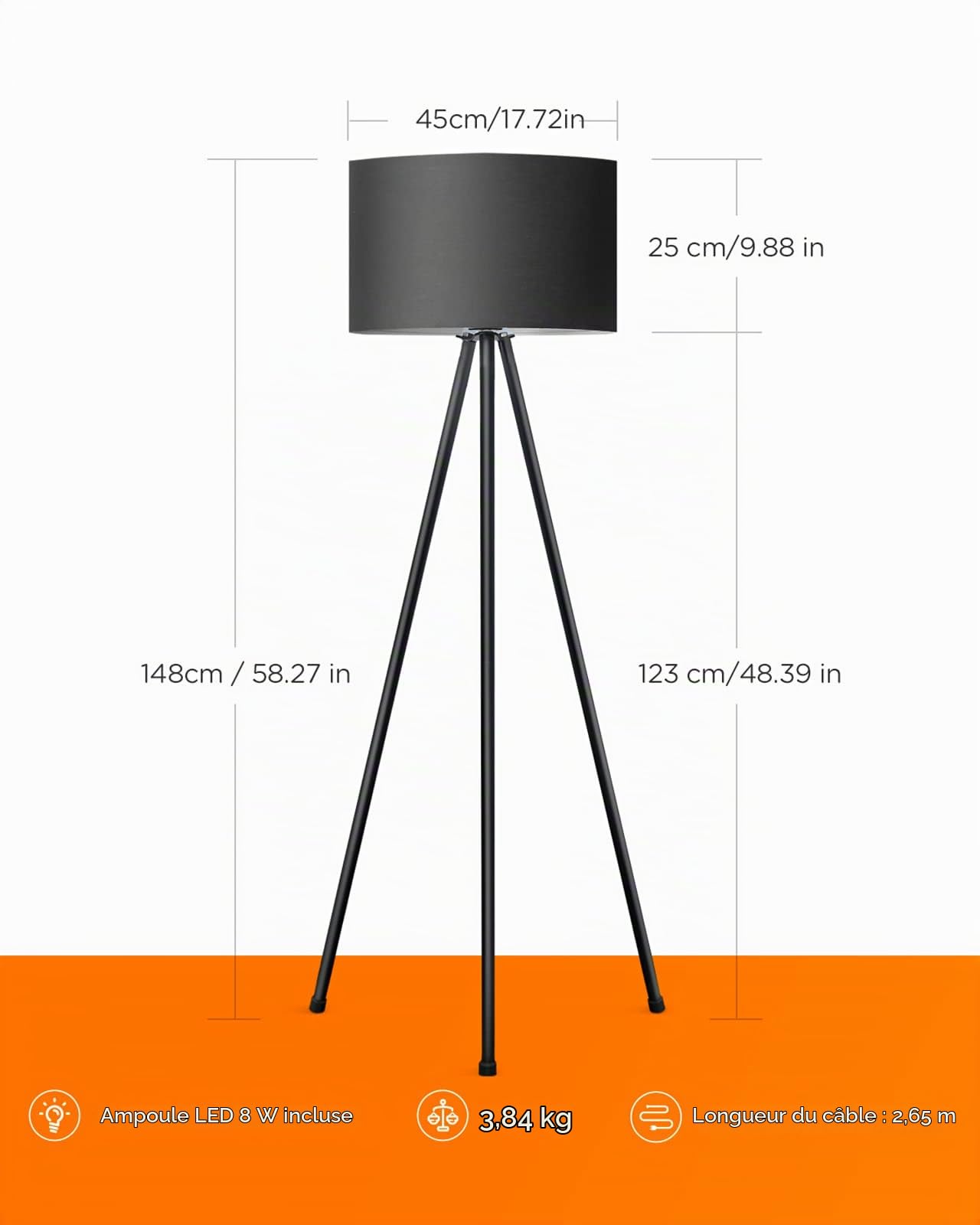 tomons Lampadaire LED Dimmable Contemporain avec Trépied en Métal, Lampadaire de Salon et de Chambre à Coucher, Style Scandinave - Noir